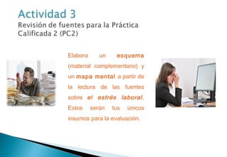 Elabora un esquema
(material complementario) y
un mapa mental a partir de
la lectura de las fuentes
sobre el estrés laboral.
Estos serán tus únicos
insumos para la evaluación.
 