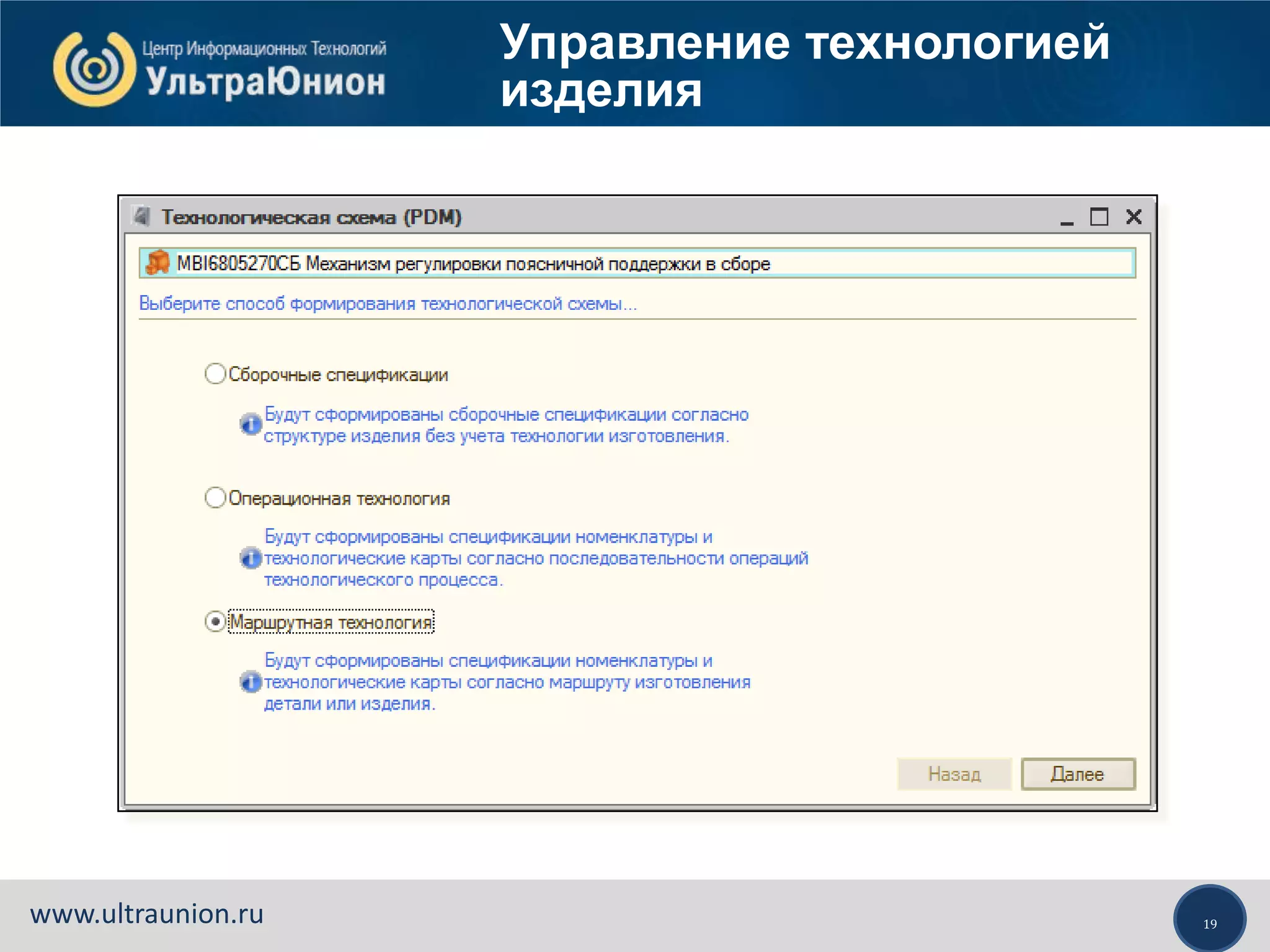 19www.ultraunion.ru
Управление технологией
изделия
 