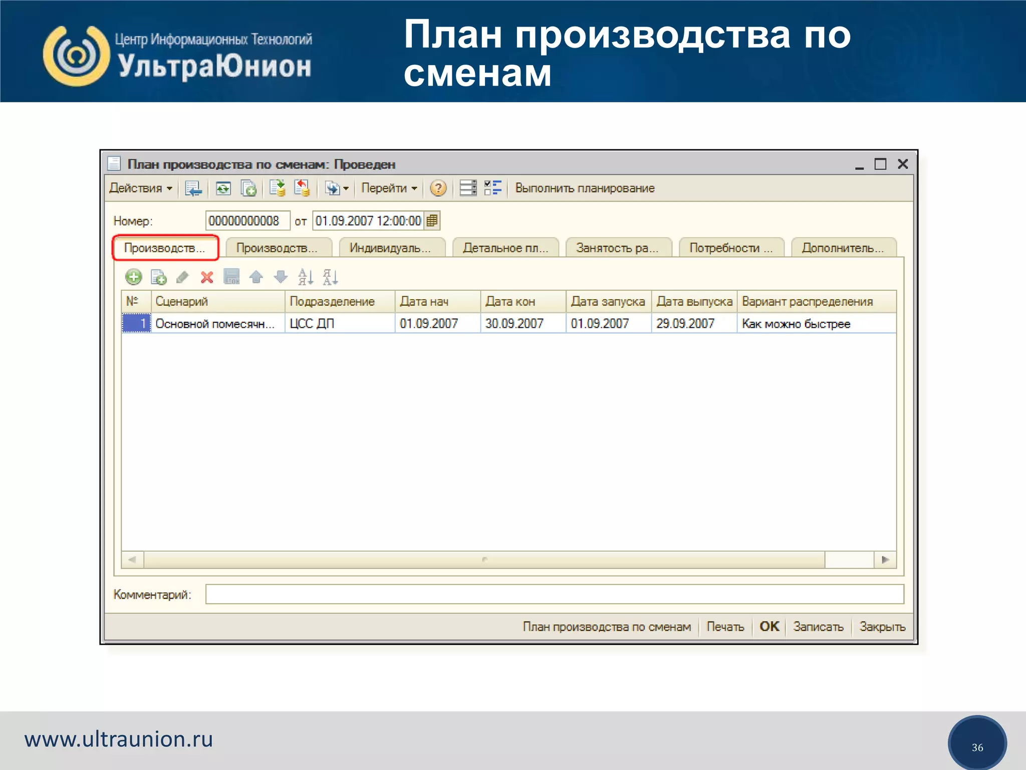36www.ultraunion.ru
План производства по
сменам
 