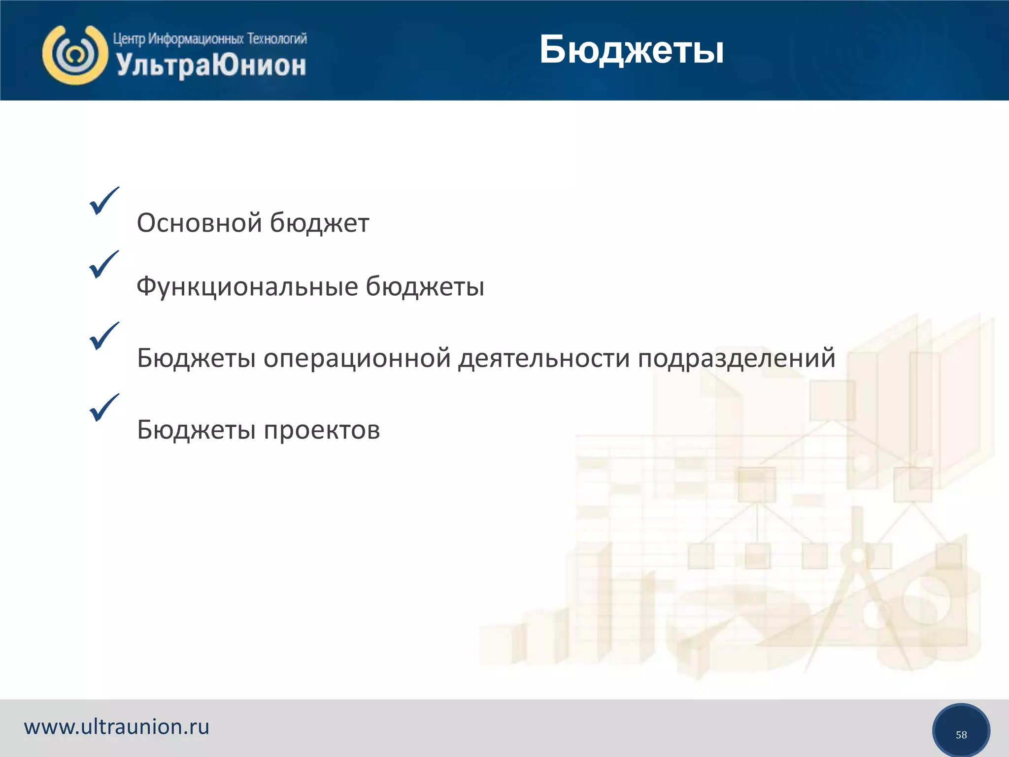 58www.ultraunion.ru
 Основной бюджет
 Функциональные бюджеты
 Бюджеты операционной деятельности подразделений
 Бюджеты проектов
Бюджеты
 