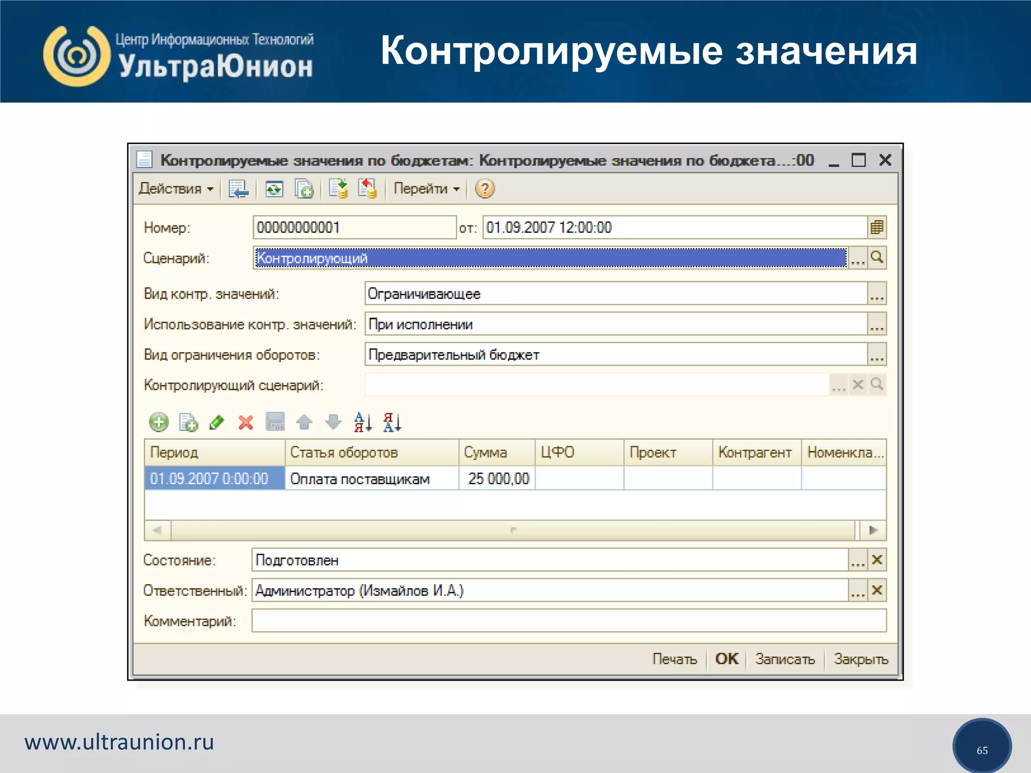 65www.ultraunion.ru
Контролируемые значения
 