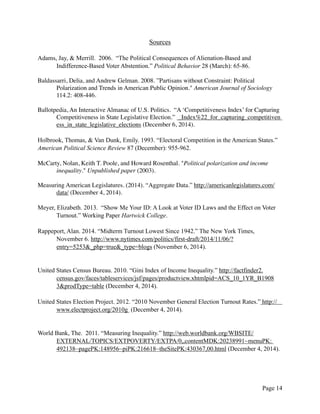 Sources
Adams, Jay, & Merrill. 2006. “The Political Consequences of Alienation-Based and
Indifference-Based Voter Abstention.” Political Behavior 28 (March): 65-86.
Baldassarri, Delia, and Andrew Gelman. 2008. ”Partisans without Constraint: Political
Polarization and Trends in American Public Opinion." American Journal of Sociology
114.2: 408-446.
Ballotpedia, An Interactive Almanac of U.S. Politics. “A ‘Competitiveness Index’ for Capturing
Competitiveness in State Legislative Election.” _Index%22_for_capturing_competitiven
ess_in_state_legislative_elections (December 6, 2014).
Holbrook, Thomas, & Van Dunk, Emily. 1993. “Electoral Competition in the American States.”
American Political Science Review 87 (December): 955-962.
McCarty, Nolan, Keith T. Poole, and Howard Rosenthal. "Political polarization and income
inequality." Unpublished paper (2003).
Measuring American Legislatures. (2014). “Aggregate Data.” http://americanlegislatures.com/
data/ (December 4, 2014).
Meyer, Elizabeth. 2013. “Show Me Your ID: A Look at Voter ID Laws and the Effect on Voter
Turnout.” Working Paper Hartwick College.
Rappeport, Alan. 2014. “Midterm Turnout Lowest Since 1942.” The New York Times,
November 6. http://www.nytimes.com/politics/first-draft/2014/11/06/?
entry=5253&_php=true&_type=blogs (November 6, 2014).
United States Census Bureau. 2010. “Gini Index of Income Inequality.” http://factfinder2.
census.gov/faces/tableservices/jsf/pages/productview.xhtmlpid=ACS_10_1YR_B1908
3&prodType=table (December 4, 2014).
United States Election Project. 2012. “2010 November General Election Turnout Rates.” http://
www.electproject.org/2010g (December 4, 2014).
World Bank, The. 2011. “Measuring Inequality.” http://web.worldbank.org/WBSITE/
EXTERNAL/TOPICS/EXTPOVERTY/EXTPA/0,,contentMDK:20238991~menuPK:
492138~pagePK:148956~piPK:216618~theSitePK:430367,00.html (December 4, 2014).
Page !14
 