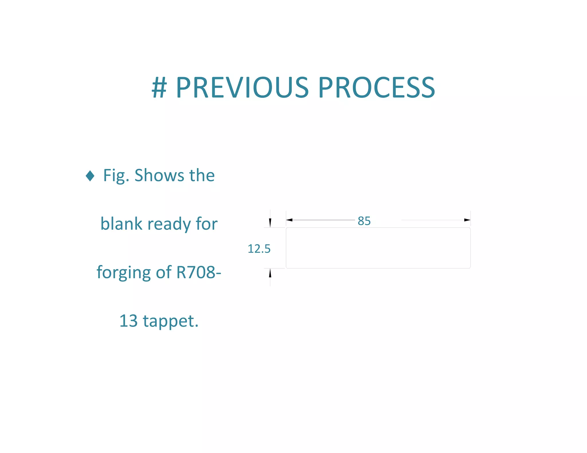 # PREVIOUS PROCESS 
 Fig. Shows the 
blank ready for 
forging of R708‐ 
13 tappet. 
85 
12.5 
 