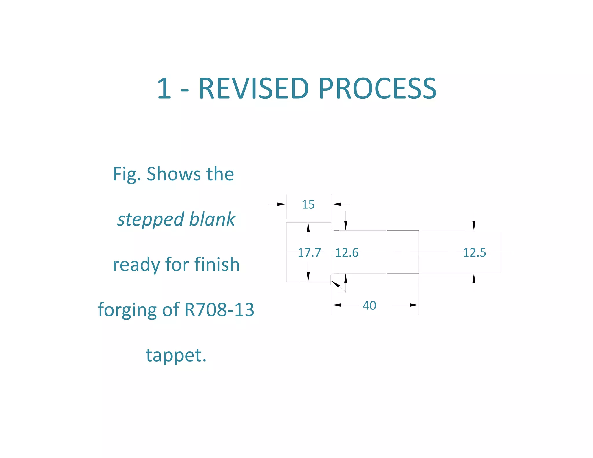 1 ‐ REVISED PROCESS 
Fig. Shows the 
stepped blank 
ready for finish 
forging of R708‐13 
tappet. 
12.6 12.5 
40 
15 
17.7 
 