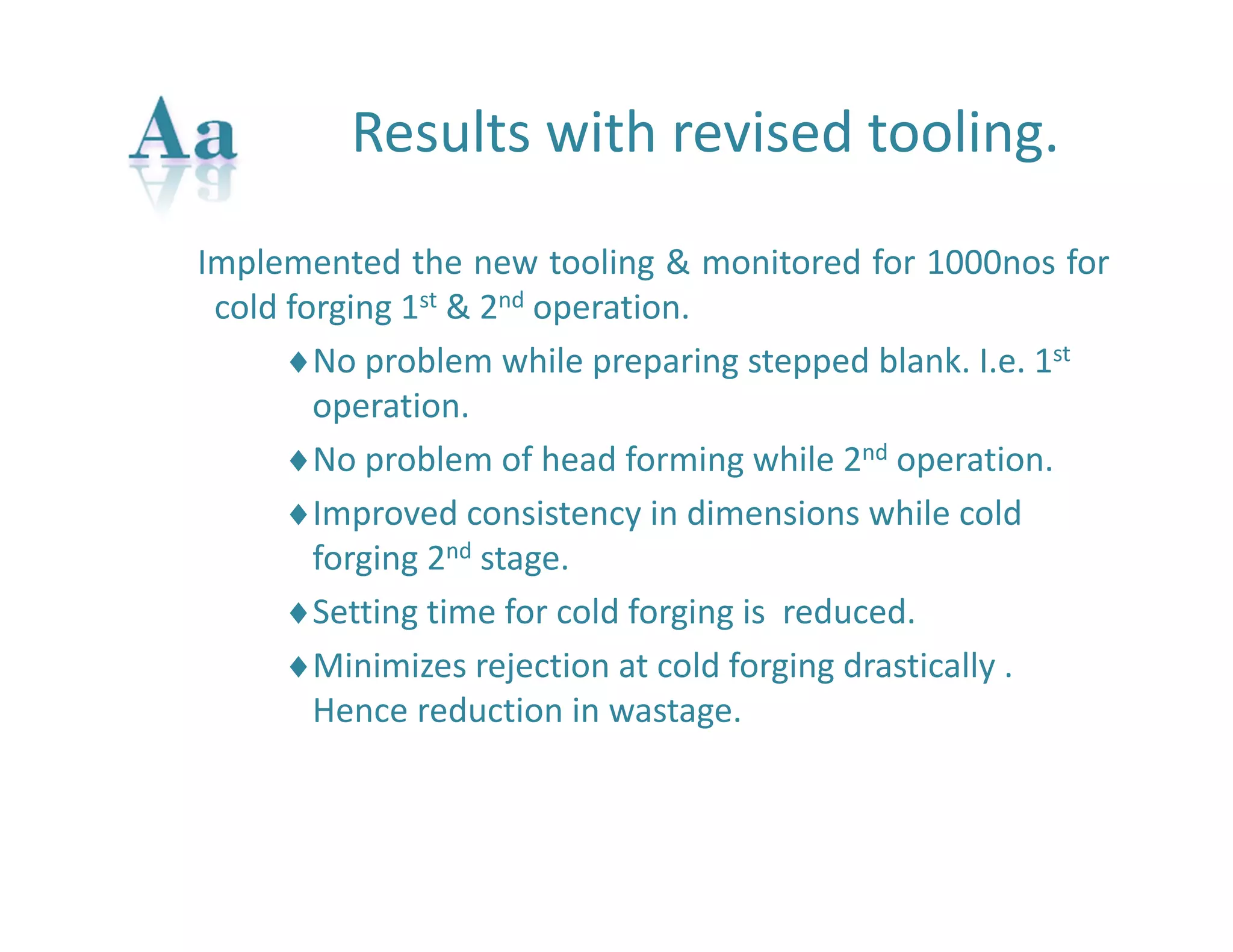 Results with revised tooling. 
Implemented the new tooling & monitored for 1000nos for 
cold forging 1st & 2nd operation. 
No problem while preparing stepped blank. I.e. 1st 
operation. 
No problem of head forming while 2nd operation. 
Improved consistency in dimensions while cold 
forging 2nd stage. 
Setting time for cold forging is reduced. 
Minimizes rejection at cold forging drastically . 
Hence reduction in wastage. 
 