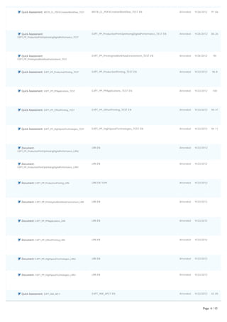          Quick Assessment: MSTR_CL_PDFXCreationWorkflow_TEST MSTR_CL_PDFXCreationWorkflow_TEST EN Attended 9/26/2012 91.66
         Quick Assessment: 
EXPT_PP_ProductionPrintOptimizingDigitalPerformance_TEST
EXPT_PP_ProductionPrintOptimizingDigitalPerformance_TEST EN Attended 9/24/2012 80.26
         Quick Assessment: 
EXPT_PP_PrintingInaWorkflowEnvironment_TEST
EXPT_PP_PrintingInaWorkflowEnvironment_TEST EN Attended 9/24/2012 90
         Quick Assessment: EXPT_PP_ProductionPrinting_TEST EXPT_PP_ProductionPrinting_TEST EN Attended 9/23/2012 96.8
         Quick Assessment: EXPT_PP_PPApplications_TEST EXPT_PP_PPApplications_TEST EN Attended 9/23/2012 100
         Quick Assessment: EXPT_PP_OffsetPrinting_TEST EXPT_PP_OffsetPrinting_TEST EN Attended 9/23/2012 90.47
         Quick Assessment: EXPT_PP_HighSpeedTechnologies_TEST EXPT_PP_HighSpeedTechnologies_TEST EN Attended 9/23/2012 94.11
         Document: 
EXPT_PP_ProductionPrintOptimizingDigitalPerformance_LRN2
LRN EN Attended 9/23/2012  
         Document: 
EXPT_PP_ProductionPrintOptimizingDigitalPerformance_LRN1
LRN EN Attended 9/23/2012  
         Document: EXPT_PP_ProductionPrinting_LRN LRN EN 1049 Attended 9/23/2012  
         Document: EXPT_PP_PrintingInaWorkflowEnvironment_LRN LRN EN Attended 9/23/2012  
         Document: EXPT_PP_PPApplications_LRN LRN EN Attended 9/23/2012  
         Document: EXPT_PP_OffsetPrinting_LRN LRN EN Attended 9/23/2012  
         Document: EXPT_PP_HighSpeedTechnologies_LRN2 LRN EN Attended 9/23/2012  
         Document: EXPT_PP_HighSpeedTechnologies_LRN1 LRN EN Attended 9/23/2012  
         Quick Assessment: EXPT_NW_APLY EXPT_NW_APLY EN Attended 9/22/2012 42.85
Page 6 / 13
 
