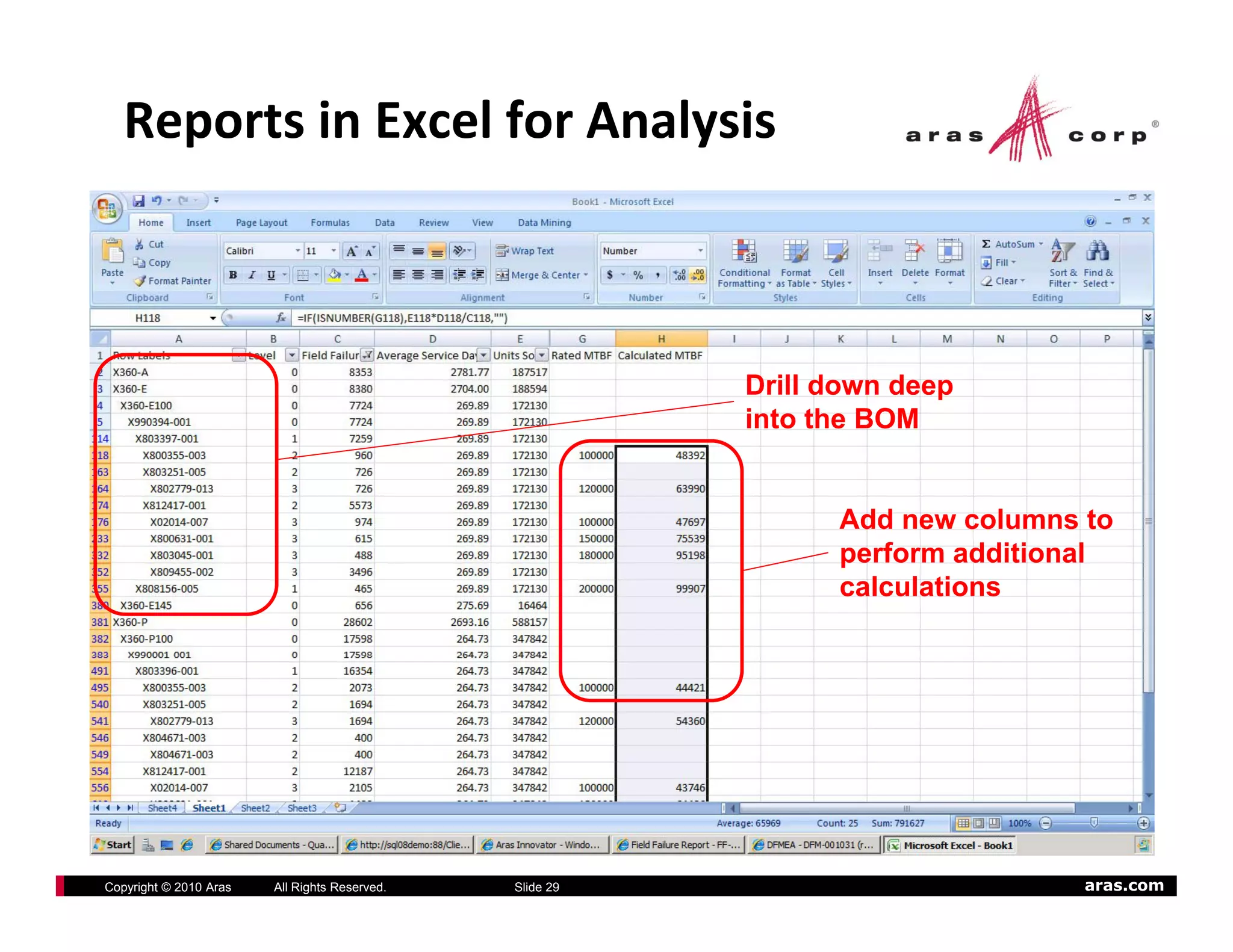 Reports in Excel for Analysis



                                                          Drill down deep
                                                          into the BOM


                                                                Add new columns to
                                                                perform additional
                                                                calculations




Copyright © 2010 Aras   All Rights Reserved.   Slide 29                         aras.com
 