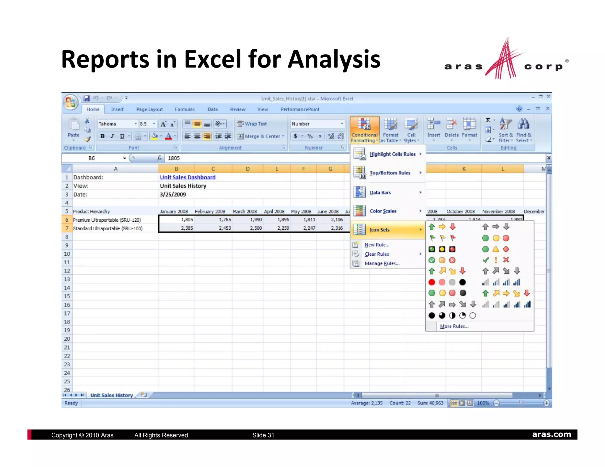 Reports in Excel for Analysis




Copyright © 2010 Aras   All Rights Reserved.   Slide 31   aras.com
 