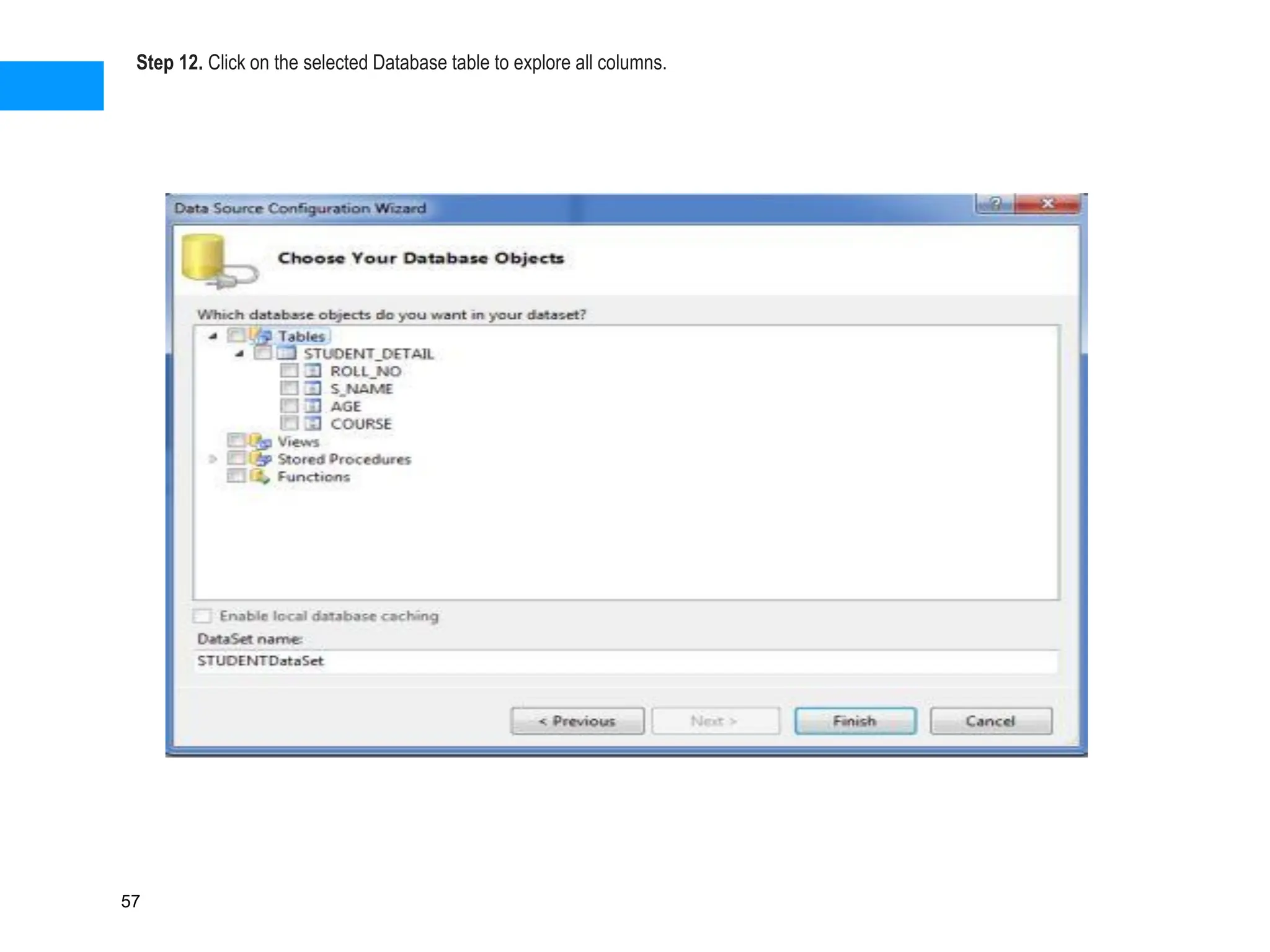 Step 12. Click on the selected Database table to explore all columns.
57
 