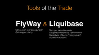 Tools of the Trade
FlyWay & Liquibase
Stronger execution order
Supports different DB / environment
Stereotype of being “heavyweight"
Automatic rollback
Convention over conﬁguration 
Gaining popularity
 