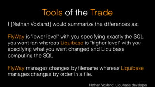 Tools of the Trade
I [Nathan Voxland] would summarize the differences as:
!
FlyWay is "lower level" with you specifying exactly the SQL
you want ran whereas Liquibase is "higher level" with you
specifying what you want changed and Liquibase
computing the SQL
!
FlyWay manages changes by ﬁlename whereas Liquibase
manages changes by order in a ﬁle.
 
Nathan Voxland, Liquibase developer
 