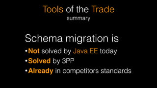 Tools of the Trade
summary
Schema migration is
•Not solved by Java EE today
•Solved by 3PP
•Already in competitors standards
 