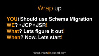 Wrap up
YOU! Should use Schema Migration 
WE? JCP JSR! "
What? Lets ﬁgure it out!"
When? Now. Lets start!
rikard.thulin@squeed.com
 