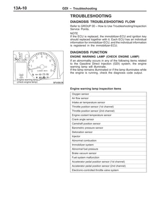 GDI – Troubleshooting13A-10
TROUBLESHOOTING
DIAGNOSIS TROUBLESHOOTING FLOW
Refer to GROUP 00 – How to Use Troubleshooting/Inspection
Service Points.
NOTE
If the ECU is replaced, the immobilizer-ECU and ignition key
should replaced together with it. Each ECU has an individual
information for immobilizer-ECU, and the individual information
is registered in the immobilizer-ECU.
DIAGNOSIS FUNCTION
ENGINE WARNING LAMP (CHECK ENGINE LAMP)
If an abnormality occurs in any of the following items related
to the Gasoline Direct Injection (GDI) system, the engine
warning lamp will illuminate.
If the lamp remains illuminated or if the lamp illuminates while
the engine is running, check the diagnosis code output.
Engine warning lamp inspection items
Oxygen sensor
Air flow sensor
Intake air temperature sensor
Throttle position sensor (1st channel)
Throttle position sensor (2nd channel)
Engine coolant temperature sensor
Crank angle sensor
Camshaft position sensor
Barometric pressure sensor
Detonation sensor
Injector
Abnormal combustion
Immobilizer system
Abnormal fuel pressure
Brake vacuum sensor
Fuel system malfunction
Accelerator pedal position sensor (1st channel)
Accelerator pedal position sensor (2nd channel)
Electronic-controlled throttle valve system
Engine warning lamp
(check engine lamp)
 