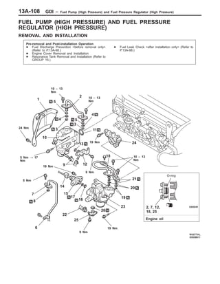 GDI – Fuel Pump (High Pressure) and Fuel Pressure Regulator (High Pressure)13A-108
FUEL PUMP (HIGH PRESSURE) AND FUEL PRESSURE
REGULATOR (HIGH PRESSURE)
REMOVAL AND INSTALLATION
Pre-removal and Post-installation Operation
D Fuel Discharge Prevention <before removal only>
(Refer to P.13A-98.)
D Engine Cover Removal and Installation
D Resonance Tank Removal and Installation (Refer to
GROUP 15.)
D Fuel Leak Check <after installation only> (Refer to
P.13A-98.)
O-ring
Engine oil
4
6
10
12
13
14
18
15
16
17 19
8
7
9
19 Nm
19 Nm
9 Nm
19 Nm
5 Nm
5 Nm → 17
Nm
10 – 13
Nm
10 – 13
Nm
9 Nm
2, 7, 12,
18, 25
3
5
1
2 10 – 13
Nm
24 Nm
4
5
3
11
22
24
25
26
23
21
20
 