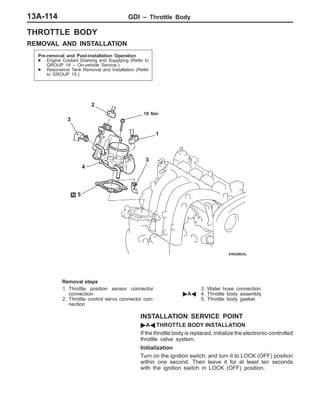 GDI – Throttle Body13A-114
THROTTLE BODY
REMOVAL AND INSTALLATION
Pre-removal and Post-installation Operation
D Engine Coolant Draining and Supplying (Refer to
GROUP 14 – On-vehicle Service.)
D Resonance Tank Removal and Installation (Refer
to GROUP 15.)
1
2
3
4
5
19 Nm
3
Removal steps
1. Throttle position sensor connector
connection
2. Throttle control servo connector con-
nection
3. Water hose connection
"AA 4. Throttle body assembly
5. Throttle body gasket
INSTALLATION SERVICE POINT
"AA THROTTLE BODY INSTALLATION
If the throttle body is replaced, initialize the electronic-controlled
throttle valve system.
Initialization
Turn on the ignition switch, and turn it to LOCK (OFF) position
within one second. Then leave it for at least ten seconds
with the ignition switch in LOCK (OFF) position.
 