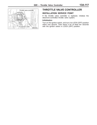 GDI – Throttle Valve Controller 13A-117
THROTTLE VALVE CONTROLLER
INSTALLATION SERVICE POINT
If the throttle valve controller is replaced, initialize the
electronic-controlled throttle valve system.
Initialization
Turn on the ignition switch, and turn it to LOCK (OFF) position
within one second. Then leave it for at least ten seconds
with the ignition switch in LOCK (OFF) position.
Throttle valve controller
Accelerator cable
 