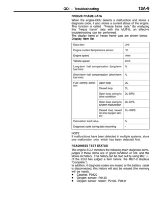 GDI – Troubleshooting 13A-9
FREEZE FRAME DATA
When the engine-ECU detects a malfunction and stores a
diagnosis code, it also stores a current status of the engine.
This function is called “Freeze frame data.” By analyzing
this “freeze frame” data with the MUT-II, an effective
troubleshooting can be performed.
The display items of freeze frame data are shown below.
Display item list
Data item Unit
Engine coolant temperature sensor _C
Engine speed r/min
Vehicle speed km/h
Long-term fuel compensation (long-term
fuel trim)
%
Short-term fuel compensation (short-term
fuel trim)
%
Fuel control condi-
tion
Open loop OL
tion
Closed loop CL
Open loop owing to
drive condition
OL-DRV.
Open loop owing to
system malfunction
OL-SYS.
Closed loop based
on one oxygen sen-
sor
CL-H02S
Calculation load value %
Diagnosis code during data recording –
NOTE
If malfunctions have been detected in multiple systems, store
one malfunction only, which has been detected first.
READINESS TEST STATUS
The engine-ECU monitors the following main diagnosis items,
judges if these items are in good condition or not, and the
stores its history. This history can be read out by using MUT-II.
(If the ECU has judged a item before, the MUT-II displays
“Complete.”)
In addition, if diagnosis codes are erased or the battery cable
is disconnected, this history will also be erased (the memory
will be reset).
D Catalyst: P0420
D Oxygen sensor: P0130
D Oxygen sensor heater: P0135, P0141
 