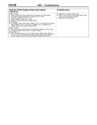 GDI – Troubleshooting13A-28
Code No. P0136 Oxygen sensor (rear) system
<sensor 2>
Probable cause
Range of Check
D Three minutes have been passed since the engine has been started.
D The engine coolant temperature is approx. 80_C or more.
D Intake air temperature is 20 – 50_C
D Engine speed is 1,200 r/min or more
D Driving on a level surface at constant speed.
Set Conditions
D The oxygen sensor (rear) output voltage is 4.5 V or more when the sensor
output voltage is 0.2 V or less and a voltage of 5 V is applied to the
oxygen sensor (rear) inside the engine-ECU.
D Malfunction of oxygen sensor (rear)
D Open or short circuit in the oxygen sensor (rear)
circuit or loose connector contact
D Malfunction of engine-ECU
Range of Check
D Two seconds have passed after the engine-ECU detected an open circuit.
D When the oxygen sensor (front) is in good condition.
Set Conditions
D When the air/fuel ratio is rich, the oxygen sensor (front) output voltage is
0.5 V or more, the oxygen sensor (rear) output voltage is less than 0.1 V,
and the oxygen sensor (rear) output voltage fluctuates within 0.078 V.
 