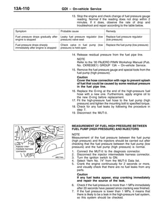 GDI – On-vehicle Service13A-110
13. Stop the engine and check change of fuel pressure gauge
reading. Normal if the reading does not drop within 2
minutes. If it does, observe the rate of drop and
troubleshoot and repair according to the table below.
Symptom Probable cause Remedy
Fuel pressure drops gradually after
engine is stopped
Leaky fuel pressure regulator (low
pressure) valve seat
Replace fuel pressure regulator
(low pressure)
Fuel pressure drops sharply
immediately after engine is stopped
Check valve in fuel pump (low
pressure) is held open
Replace the fuel pump (low pressure)
14. Release residual pressure from the fuel pipe line.
NOTE
Refer to the ’00 PAJERO PININ Workshop Manual (Pub.
No. CKRE00E1) GROUP 13A – On-vehicle Service.
15. Remove the fuel pressure gauge and special tools from the
fuel pump (high pressure).
Caution
Cover the hose connection with rags to prevent splash
of fuel that could be caused by some residual pressure
in the fuel pipe line.
16. Replace the O-ring at the end of the high-pressure fuel
hose with a new one. Furthermore, apply engine oil to
the new O-ring before replacement.
17. Fit the high-pressure fuel hose to the fuel pump (high
pressure) and tighten the mounting bolt to specified torque.
18. Check for any fuel leaks by following the procedure in
step 7.
19. Disconnect the MUT-II.
MEASUREMENT OF FUEL HIGH PRESSURE BETWEEN
FUEL PUMP (HIGH PRESSURE) AND INJECTORS
NOTE
Measurement of the fuel pressure between the fuel pump
(high pressure) and the injectors should be carried out after
checking that the fuel pressure between the fuel pump (low
pressure) and the fuel pump (high pressure) is normal.
1. Connect the MUT-II to the diagnosis connector.
2. Disconnect the injector intermediate harness connector.
3. Turn the ignition switch to ON.
4. Select “Item No. 74” from the MUT-II Data list.
5. Crank the engine continuously for 2 seconds or more,
and visually check that there are no fuel leaks from any
parts.
Caution
If any fuel leaks appear, stop cranking immediately
and repair the source of the leak.
6. Check if the fuel pressure is more than 1 MPa immediately
after 20 seconds have passed since cranking was finished.
7. If the fuel pressure is lower than 1 MPa, it means that
there is likely to be a leak in the high-pressure fuel system,
so this system should be checked.
Injector inter-
mediate harness
connector
 