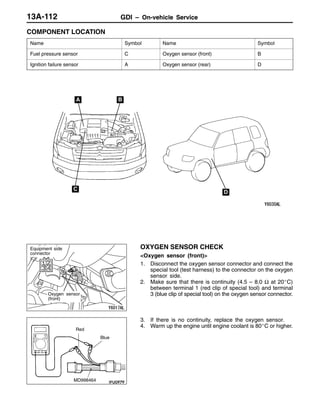 GDI – On-vehicle ServiceGDI – On-vehicle Service13A-112
COMPONENT LOCATION
Name Symbol Name Symbol
Fuel pressure sensor C Oxygen sensor (front) B
Ignition failure sensor A Oxygen sensor (rear) D
A B
C
D
OXYGEN SENSOR CHECK
<Oxygen sensor (front)>
1. Disconnect the oxygen sensor connector and connect the
special tool (test harness) to the connector on the oxygen
sensor side.
2. Make sure that there is continuity (4.5 – 8.0 Ω at 20_C)
between terminal 1 (red clip of special tool) and terminal
3 (blue clip of special tool) on the oxygen sensor connector.
3. If there is no continuity, replace the oxygen sensor.
4. Warm up the engine until engine coolant is 80_C or higher.
Oxygen sensor
(front)
Equipment side
connector
Red
MD998464
Blue
 
