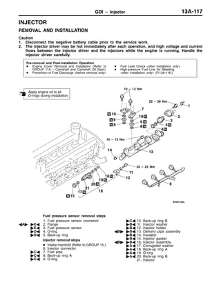 GDI – Injector 13A-117
INJECTOR
REMOVAL AND INSTALLATION
Caution
1. Disconnect the negative battery cable prior to the service work.
2. The injector driver may be hot immediately after each operation, and high voltage and current
flows between the injector driver and the injectors while the engine is running. Handle the
injector driver carefully.
Pre-removal and Post-installation Operation
D Engine Cover Removal and Installation (Refer to
GROUP 11A – Camshaft and Camshaft Oil Seal.)
D Prevention of Fuel Discharge <before removal only>
D Fuel Leak Check <after installation only>
D High-pressure Fuel Line Air Bleeding
<after installation only> (P.13A-116.)
2
3
1
5
6
4
7
8
20
10
22 – 26 Nm
10 – 13 Nm
10 – 13 Nm
Apply engine oil to all
O-rings during installation.
21
18
9
13
1617
11
12
19
14
15
8
10
9
20 – 25 Nm
Fuel pressure sensor removal steps
1. Fuel pressure sensor connector
AA" "EA 2. Flange
"EA 3. Fuel pressure sensor
"DA 4. O-ring
"DA 5. Back-up ring
Injector removal steps
D Intake manifold (Refer to GROUP 15.)
6. Injector connector
"CA 7. Fuel pipe
"CA 8. Back-up ring A
"CA 9. O-ring
"CA 10. Back-up ring B
"BA 11. Injector washer
"BA 12. Injector holder
AB" "BA 13. Delivery pipe assembly
"BA 14. Insulator
"BA 15. Injector gasket
AB" "BA 16. Injector assembly
"AA 17. Corrugated washer
"AA 18. Back-up ring A
"AA 19. O-ring
"AA 20. Back-up ring B
21. Injector
 