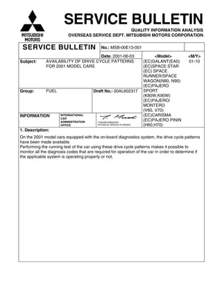 SERVICE BULLETIN
QUALITY INFORMATION ANALYSIS
OVERSEAS SERVICE DEPT. MITSUBISHI MOTORS CORPORATION
SERVICE BULLETIN No.: MSB-00E13-001
Date: 2001-06-03 <Model> <M/Y>
Subject: AVAILABILITY OF DRIVE CYCLE PATTERNS
FOR 2001 MODEL CARS
01-10
Group: FUEL Draft No.: 00AL602317
INFORMATION INTERNATIONAL
CAR
ADMINISTRATION
OFFICE
T.MASAKI-MANAGER
TECHNICAL SERVICE PLANNING
(EC)GALANT(EA0)
(EC)SPACE STAR
(EC) SPACE
RUNNER/SPACE
WAGON(N80, N90)
(EC)PAJERO
SPORT
(K80W,K90W)
(EC)PAJERO/
MONTERO
(V60, V70)
(EC)CARISMA
(EC)PAJERO PININ
(H60,H70)
1. Description:
On the 2001 model cars equipped with the on-board diagnostics system, the drive cycle patterns
have been made available.
Performing the running test of the car using these drive cycle patterns makes it possible to
monitor all the diagnosis codes that are required for operation of the car in order to determine if
the applicable system is operating properly or not.
 