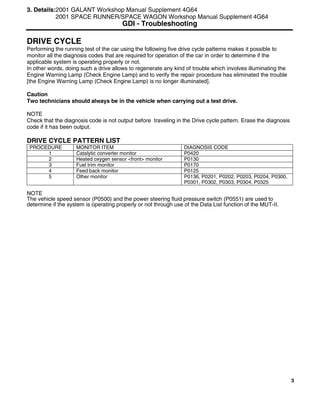 3
DRIVE CYCLE
Performing the running test of the car using the following five drive cycle patterns makes it possible to
monitor all the diagnosis codes that are required for operation of the car in order to determine if the
applicable system is operating properly or not.
In other words, doing such a drive allows to regenerate any kind of trouble which involves illuminating the
Engine Warning Lamp (Check Engine Lamp) and to verify the repair procedure has eliminated the trouble
[the Engine Warning Lamp (Check Engine Lamp) is no longer illuminated].
Caution
Two technicians should always be in the vehicle when carrying out a test drive.
NOTE
Check that the diagnosis code is not output before traveling in the Drive cycle pattern. Erase the diagnosis
code if it has been output.
DRIVE CYCLE PATTERN LIST
PROCEDURE MONITOR ITEM DIAGNOSIS CODE
1 Catalytic converter monitor P0420
2 Heated oxygen sensor <front> monitor P0130
3 Fuel trim monitor P0170
4 Feed back monitor P0125
5 Other monitor P0136, P0201, P0202, P0203, P0204, P0300,
P0301, P0302, P0303, P0304, P0325
NOTE
The vehicle speed sensor (P0500) and the power steering fluid pressure switch (P0551) are used to
determine if the system is operating properly or not through use of the Data List function of the MUT-II.
3. Details:2001 GALANT Workshop Manual Supplement 4G64
2001 SPACE RUNNER/SPACE WAGON Workshop Manual Supplement 4G64
GDI - Troubleshooting
 