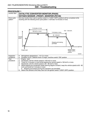 16
PROCEDURE 1
CATALYTIC CONVERTER MONITOR (P0420)monitor item
OXYGEN SENSOR <FRONT> MONITOR (P0130)
One trip monitor [from start to ignition switch to “LOCK” (OFF) position] will be completed while
traveling with the following drive cycle pattern. It will take 10 minutes or more.
Drive cycle
pattern
Inspection
conditions
• Atmospheric temperature : -10 °C or more
• Condition of A/T :Selector lever D range, overdrive switch “ON” position
Test
procedure
1. Engine : start
2. Accelerate until the vehicle speed is 100 km/h or more.
3. Travel for 5 minutes or more while keeping the vehicle speed is 100 km/h or more.
4. Decelerate until the vehicle speed is 60 - 80 km/h or less.
5. While keeping the accelerator pedal opening degree constant, keep the vehicle speed at 60 - 80
km/h and travel for 5 minutes or more.
• Stopping and braking during this operation are permitted.
6. Return the vehicle to the shop, then turn the ignition switch ”LOCK” (OFF) position.
2001 PAJERO/MONTERO Workshop Manual 6G74
GDI - Troubleshooting
Y6005BY
Vehicle
speed
5 minutes or more
100 km/h or more
Engine start
Stopping and braking
permitted
Ignition switch
”LOCK” (OFF)
position
Time
5 minutes or more
60 – 80 km/h
100 – 120 km/h
 