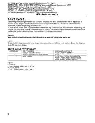 26
DRIVE CYCLE
Performing the running test of the car using the following five drive cycle patterns makes it possible to
monitor all the diagnosis codes that are required for operation of the car in order to determine if the
applicable system is operating properly or not.
In other words, doing such a drive allows to regenerate any kind of trouble which involves illuminating the
Engine Warning Lamp (Check Engine Lamp) and to verify the repair procedure has eliminated the trouble
[the Engine Warning Lamp (Check Engine Lamp) is no longer illuminated].
Caution
Two technicians should always be in the vehicle when carrying out a test drive.
NOTE
Check that the diagnosis code is not output before traveling in the Drive cycle pattern. Erase the diagnosis
code if it has been output.
DRIVE CYCLE PATTERN LIST
PROCEDURE MONITOR ITEM DIAGNOSIS CODE (DTC)
1 Catalytic converter monitor P0420*
1
, P0421*
2
, P0431*
3
,
2 Heated oxygen sensor <front> monitor P0130
3 Other monitor P0136, P0201, P0202, P0203, P0204,
P0205*
3
, P0300, P0301, P0302, P0303,
P0304, P0305*
3
, P0306*
3
, P0325*
4
NOTE
*1: 4G63
*2: 4G13, 4G92, 4G93, 6A13, 6G72
*3: 6A13, 6G72
*4: 4G13, 4G63, 4G92, 4G93, 6A13
2001 GALANT Workshop Manual Supplement 4G63, 6A13
2001 SPACE RUNNER/SPACE WAGON Workshop Manual Supplement 4G63
2001 CARISMA Workshop Manual Supplement 4G92
2001 SPACE STAR Workshop Manual Supplement 4G13
2001 COLT Workshop Manual Supplement 4G13, 4G93
2001 PAJERO SPORT Workshop Manual Supplement 6G72
GDI - Troubleshooting
 