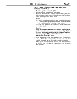 GDI – Troubleshooting 13A-81
CHECK CHART FOR RESISTANCE AND CONTINUITY
BETWEEN TERMINALS
1. Turn the ignition switch to OFF.
2. Disconnect the engine-ECU connector.
3. Measure the resistance and check for continuity between
the terminals of the engine-ECU harness-side connector
while referring to the check chart.
NOTE
(1) When measuring resistance and checking continuity,
a harness for checking contact pin pressure should
be used instead of inserting a test probe.
(2) Checking need not be carried out in the order given
in the chart.
Caution
If the terminals that should be checked are mistaken,
or if connector terminals are not correctly shorted
to earth, damage may be caused to the vehicle wiring,
sensors, engine-ECU and/or ohmmeter.
Be careful to prevent this!
4. If the ohmmeter shows any deviation from the standard
value, check the corresponding sensor, actuator and
related electrical wiring, and then repair or replace.
5. After repair or replacement, recheck with the ohmmeter
to confirm that the repair or replacement has corrected
the problem.
 