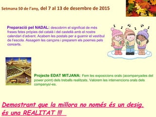 Demostrant que la millora no només és un desig,
és una REALITAT !!!  
Setmana 50 de l’any, del 7 al 13 de desembre de 2015
Projecte EDAT MITJANA: Fem les exposicions orals (acompanyades del
power point) dels treballs realitzats. Valorem les intervencions orals dels
companys/-es.
Preparació pel NADAL: descobrim el significat de més
frases fetes pròpies del català i del castellà amb el nostre
calendari d’advent. Acabem les postals per a guarnir el vestíbul
de l’escola. Assagem les cançons i preparem els poemes pels
concerts.
 