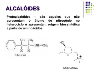 ALCALÓIDESALCALÓIDES
Protoalcalóides – são aqueles que não
apresentam o átomo de nitrogênio no
heterociclo e apresentam origem biossintética
a partir de aminoácidos.
MUSCARINA
 