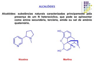 Alcalóides: substâncias naturais caracterizadas principamente pela
presença de um N heterocíclico, que pode se apresentar
como amina secundária, terciária, amida ou sal de amônio
quaternário.
ALCALÓIDES
Nicotina Morfina
 