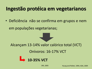 Ingestão protéica em vegetarianos
• Deficiência não se confirma em grupos e nem
em populações vegetarianas;
Alcançam 13-14% valor calórico total (VCT)
Onívoros: 16-17% VCT
Young and Pellett, 1994; ADA, 2009
10-35% VCT
DRI, 2005
 