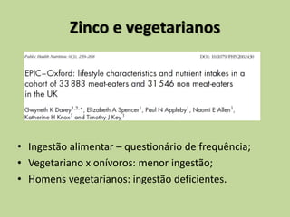 Zinco e vegetarianos
• Ingestão alimentar – questionário de frequência;
• Vegetariano x onívoros: menor ingestão;
• Homens vegetarianos: ingestão deficientes.
 