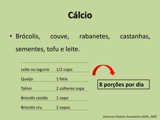 Cálcio
• Brócolis, couve, rabanetes, castanhas,
sementes, tofu e leite.
Leite ou iogurte 1/2 copo
Queijo 1 fatia
Tahini 2 colheres sopa
Brocolis cozido 1 copo
Brocolis cru 2 copos
8 porções por dia
American Dietetic Association (ADA), 2009
 