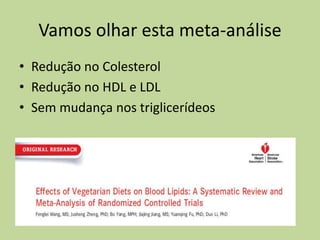 Vamos olhar esta meta-análise
• Redução no Colesterol
• Redução no HDL e LDL
• Sem mudança nos triglicerídeos
 
