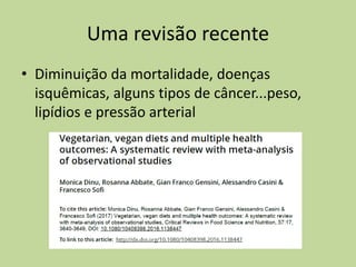 Uma revisão recente
• Diminuição da mortalidade, doenças
isquêmicas, alguns tipos de câncer...peso,
lipídios e pressão arterial
 