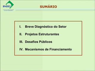 I. Breve Diagnóstico do Setor
II. Projetos Estruturantes
III. Desafios Públicos
IV. Mecanismos de Financiamento
SUMÁRIO
 