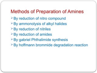 Methods of Preparation of Amines
By reduction of nitro compound
By ammonolysis of alkyl halides
By reduction of nitriles
By reduction of amides
By gabriel Phthalimide synthesis
By hoffmann brommide degradation reaction
 