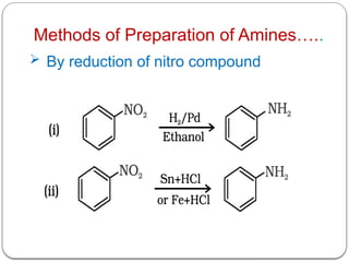 Methods of Preparation of Amines…..
 By reduction of nitro compound
 
