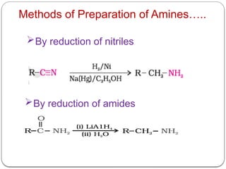 Methods of Preparation of Amines…..
By reduction of nitriles
By reduction of amides
 