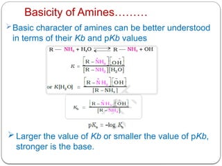 Basicity of Amines………
Basic character of amines can be better understood
in terms of their Kb and pKb values
 Larger the value of Kb or smaller the value of pKb,
stronger is the base.
 