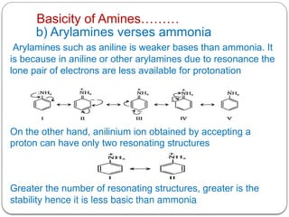 b) Arylamines verses ammonia
Arylamines such as aniline is weaker bases than ammonia. It
is because in aniline or other arylamines due to resonance the
lone pair of electrons are less available for protonation
Basicity of Amines………
On the other hand, anilinium ion obtained by accepting a
proton can have only two resonating structures
Greater the number of resonating structures, greater is the
stability hence it is less basic than ammonia
 