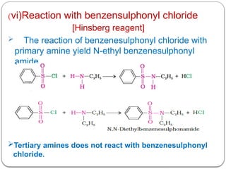 (vi)Reaction with benzensulphonyl chloride
[Hinsberg reagent]
 The reaction of benzenesulphonyl chloride with
primary amine yield N-ethyl benzenesulphonyl
amide.
Tertiary amines does not react with benzenesulphonyl
chloride.
 