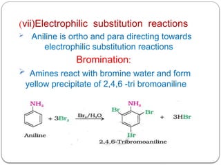 (vii)Electrophilic substitution reactions
 Aniline is ortho and para directing towards
electrophilic substitution reactions
Bromination:
 Amines react with bromine water and form
yellow precipitate of 2,4,6 -tri bromoaniline
 