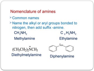 Nomenclature of amines
Common names
Name the alkyl or aryl groups bonded to
nitrogen, then add suffix -amine.
CH3NH2 C 2 H5NH2
Methylamine Ethylamine
(CH3CH2)2NCH3
NH
Diphenylamine
Diethylmetylamine
 