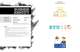 DESCRIPTION
PROCESS
PROGRAMS
COURSE & SECTION
OBJECTIVE
INSTRUCTOR
DATE
Comm 130 • Section 01
Jane Doe
1. I first sketched out some ideas for the logo on paper. I had a lot of different options.
2. After sketching, I opened up Illustrator and started creating some of my
sketches digitally.
3. I came up with some options, but felt I needed to go back to sketching some
more ideas.
4.IfeltbetterthistimearoundandwasabletocreatethreedifferentoptionsinIllustrator.
5. I wanted to have more of a type logo, a symbol logo, and an illustration logo.
6. I got votes from various people on which was their favorite. It helped me to narrow it
down to the one I would use to move on.
7. I chose the illustration logo and then created my letterhead and business card.
8. I made sure to follow the rule of alignment and repetition.
Create a new logo to fit a company or personal image.
Design consistent layouts for various business documents.
Illustrator & InDesign
May 21, 2016
Create a logo for a
company/service/
organization and
establish a visual identity
across documents.
IDENTITY
BUSINESS
 