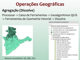 Operações Geográficas
Agregação (Dissolve)
Processar -> Caixa de Ferramentas -> Geoalgoritmos QGIS
-> Ferramentas de Geometria Vetorial -> Dissolve
Setores Censitários: SA, SBC, SCS
 